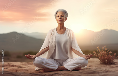 a middle aged woman meditating at home