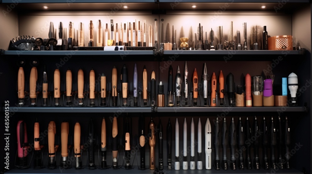 A selection of high-quality, professional-grade hair straightening and perm rod tools, perfectly organized in a salon's storage cabinet.