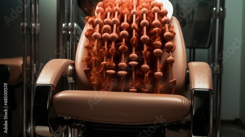 A salon chair with a client's hair neatly secured in perm rods, awaiting the chemical treatment process.