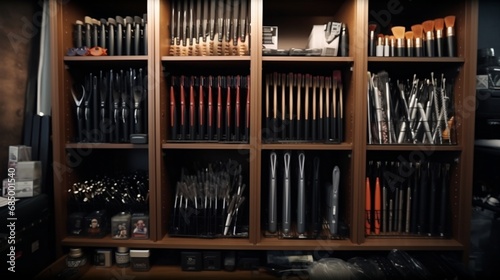 A selection of high-quality, professional-grade hair straightening and perm rod tools, perfectly organized in a salon's storage cabinet.
