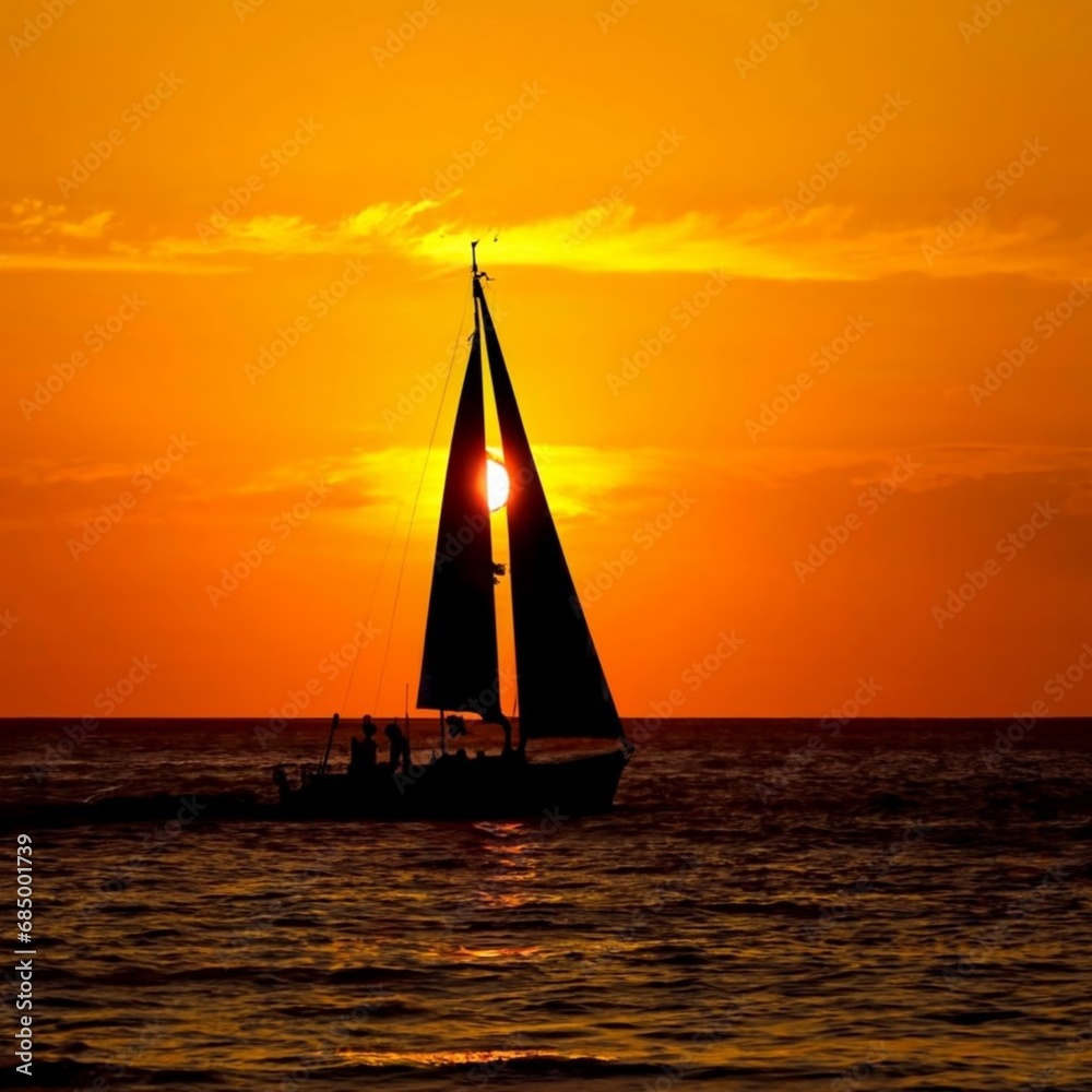 silhouetted boat sailing along its journey against a vivid colorful sunset with ai generated