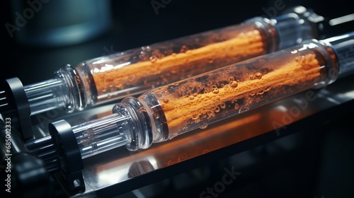 A shiny pair of perm rods immersed in a clear chemical solution, ready for a hair treatment. photo