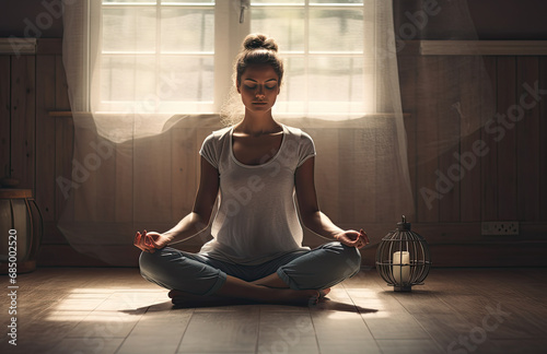 a woman meditating at home