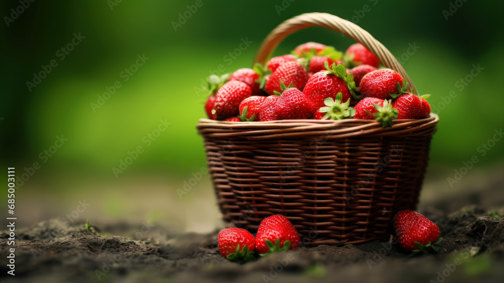 Strawberries in a wicker basket on the ground in the garden Strawberries in a wicker basket on the ground in the garden