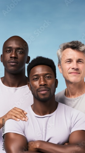 A skincare campaign group portrait with 3 mature men. Ethnic diversity