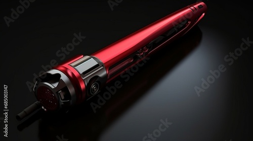 A sleek, modern curling iron with a vibrant red ceramic barrel, emitting radiant heat.