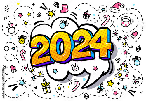 2024 new year. Numbers 2023 in pop art style