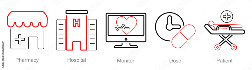 A set of 5 Health Checkup icons as pharmacy, hospital, monitor A set of 5 Health Checkup icons as pharmacy, hospital, monitor