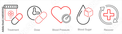 A set of 5 Health Checkup icons as treatment, dose, blood pressure