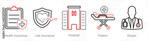 A set of 5 Health Checkup icons as health insurance, life insurance, hospital