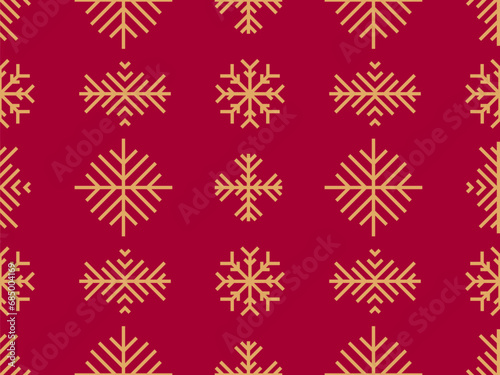 Winter seamless pattern with snowflakes. Geometric snowflakes of different shapes on a red background. Design for wallpaper, wrapping paper, banners and posters. Vector illustration