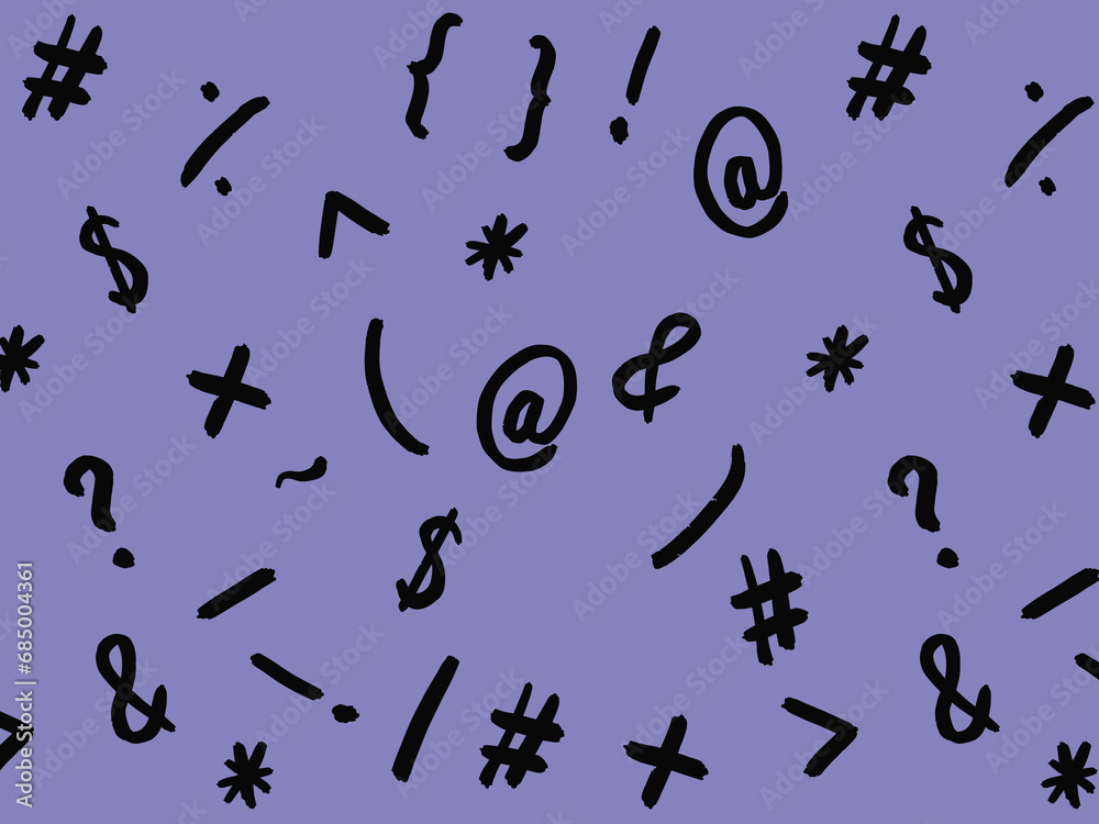 pattern with the image of keyboard symbols. Punctuation marks. Template for applying to the surface. pastel blue violet background. Horizontal image. pattern with the image of keyboard symbols. Punctuation marks. Template for applying to the surface. pastel blue violet background. Horizontal image.