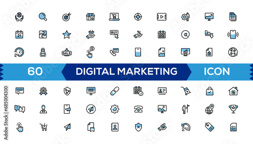 Digital Marketing web icons in line style.Marketing Blue Line Icons Set. Content, Search, Strategies, Marketing, Ecommerce, Branding, Seo