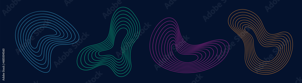 Set of 4 abstract liquid geometric shapes. Color dynamical forms with lines, isolated on blue background. Graphic elements. Template for poster, logo, cover design. Vector colorful illustration. Set of 4 abstract liquid geometric shapes. Color dynamical forms with lines, isolated on blue background. Graphic elements. Template for poster, logo, cover design. Vector colorful illustration.