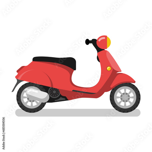 Retro moped. Vintage red scooter side view. Moped for delivery. Ecological city transport. Vector illustration flat design. Isolated on white background.