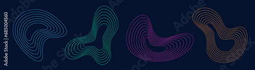 Set of 4 abstract liquid geometric shapes. Color dynamical forms with lines, isolated on blue background. Graphic elements. Template for poster, logo, cover design. Vector colorful illustration.