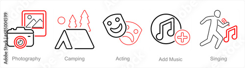 A set of 5 Hobby icons as photography, camping, acting