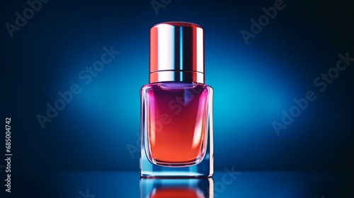 A vibrant, glossy nail polish bottle with a radiant color palette, perfectly illuminated in a soft studio setting.