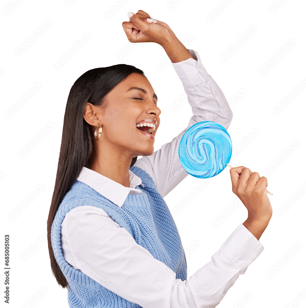 Woman, singing and candy for sweets, dessert and snack with happiness on swirl pop. Young model, face and song by blue lollipop as sugar confectionery mic and isolated on transparent png background Woman, singing and candy for sweets, dessert and snack with happiness on swirl pop. Young model, face and song by blue lollipop as sugar confectionery mic and isolated on transparent png background