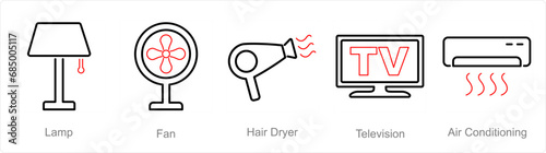 A set of 5 Home Appliance icons as lamp, fan, hair dryer