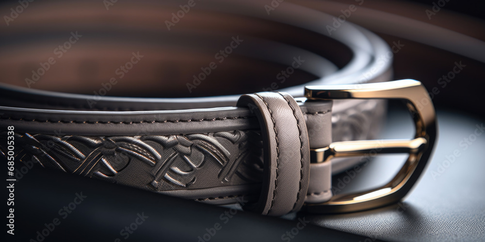 Detail of elegant black leather belt, Close-up of high quality luxury fashion accessories Detail of elegant black leather belt, Close-up of high quality luxury fashion accessories
