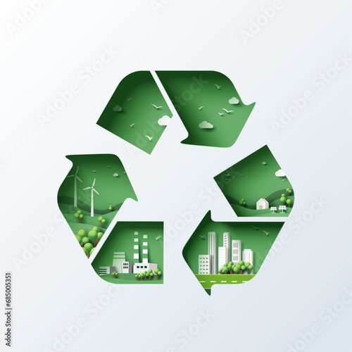 Recycle symbol of Sustainability in green eco city, alternative energy and ecology conservation concept background. Vector illustration in paper art craft style.