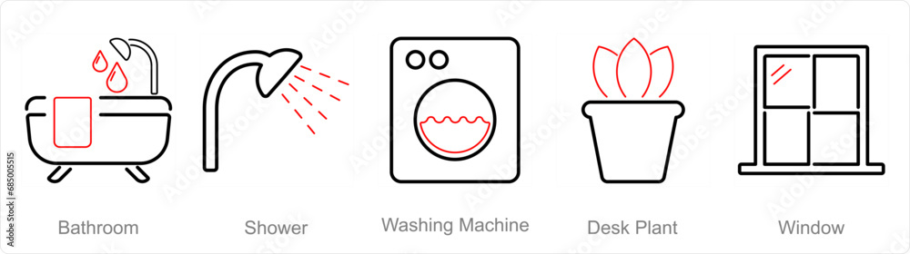 A set of 5 Home Interior icons as bathroom, shower, washing machine A set of 5 Home Interior icons as bathroom, shower, washing machine