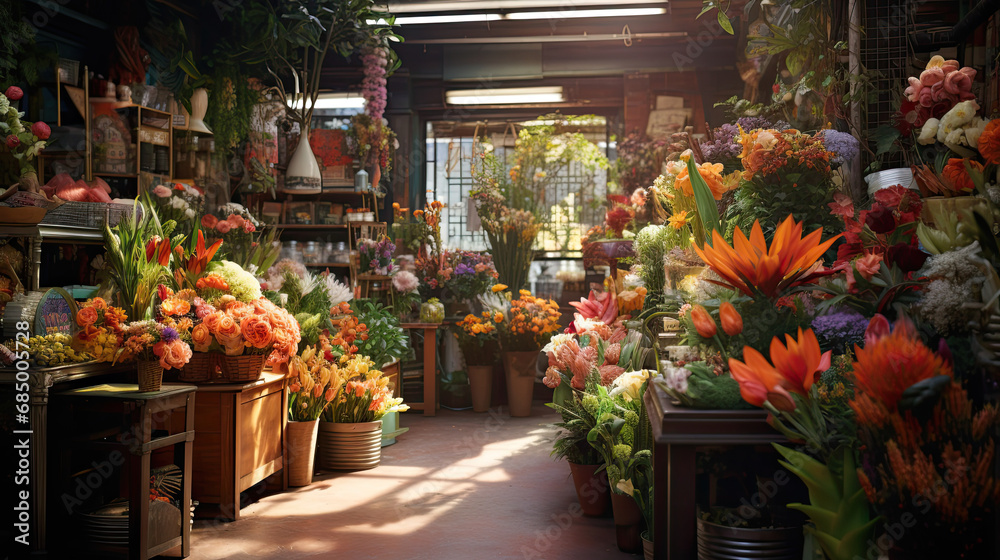 a flower shop is stocked with many types of colorful flowers. beautiful interior of flower shop