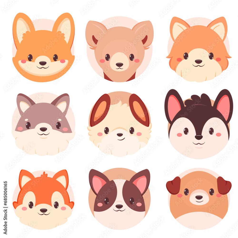 Set of kawaii member icon. Round stickers with cute cartoon dogs. Baby collection of avatar with puppy. Vector illustration EPS8 Set of kawaii member icon. Round stickers with cute cartoon dogs. Baby collection of avatar with puppy. Vector illustration EPS8