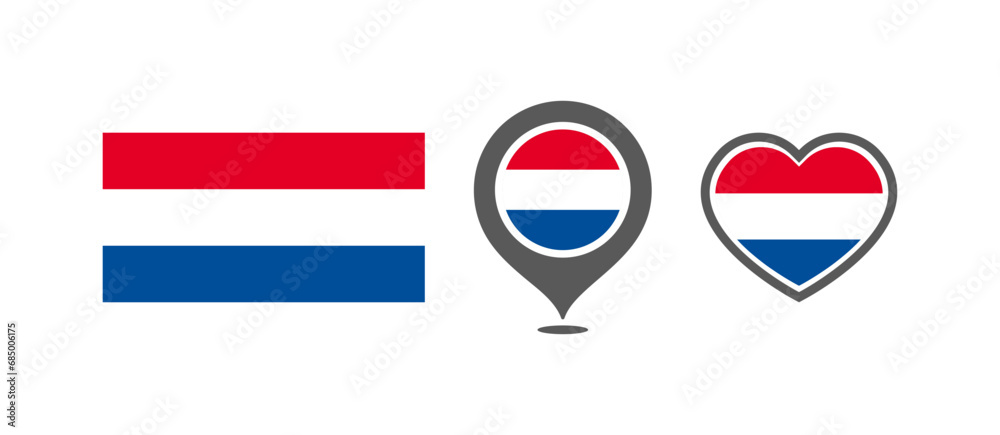 National flag of the Netherlands. Flag in the shape of rectangles, location marks, hearts. Netherlands national flag for language selection design. Vector icons National flag of the Netherlands. Flag in the shape of rectangles, location marks, hearts. Netherlands national flag for language selection design. Vector icons