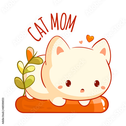 Cat Mom t shirt design with little kitty in kawaii style. Pet Moms life.  Funny quote print with tiny baby cat. Can be used for t-shirt print, sticker, mug, greeting card. Vector illustration EPS8