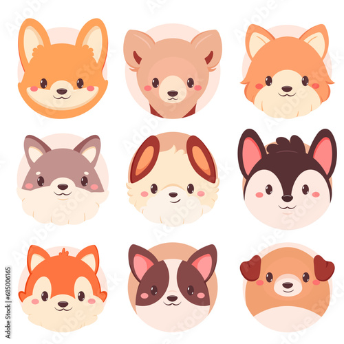 Fototapeta Naklejka Na Ścianę i Meble -  Set of kawaii member icon. Round stickers with cute cartoon dogs. Baby collection of avatar with puppy. Vector illustration EPS8