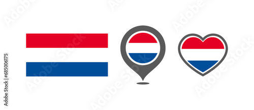 National flag of the Netherlands. Flag in the shape of rectangles, location marks, hearts. Netherlands national flag for language selection design. Vector icons