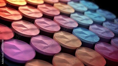 An array of makeup sponges in a spectrum of pastel colors, forming an artistic pattern against a dark, velvet background.