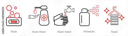 A set of 5 Hygiene icons as soap, hand wash, wash hand