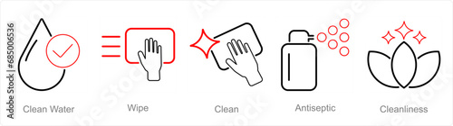 A set of 5 Hygiene icons as clean water, wipe, clean