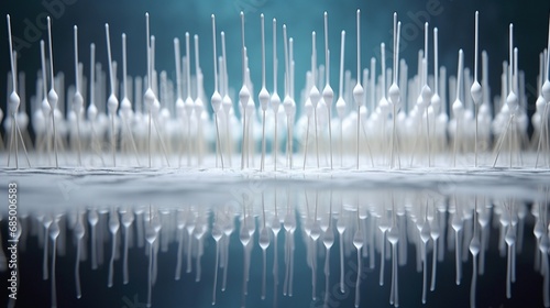 An artistic arrangement of cotton swabs on a reflective surface, creating an abstract and visually pleasing composition. photo