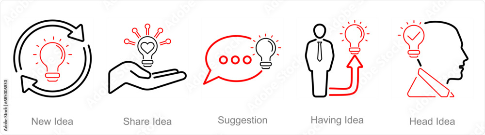 A set of 5 Idea icons as new idea, share idea, suggestion - obrazy, fototapety, plakaty 