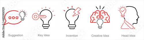 A set of 5 Idea icons as suggestion, key idea, invention