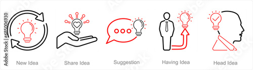 A set of 5 Idea icons as new idea, share idea, suggestion photo