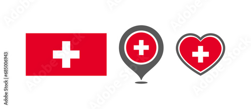 National flag of the Switzerland. Flag in the shape of rectangles, location marks, hearts. Switzerland national flag for language selection design. Vector icons