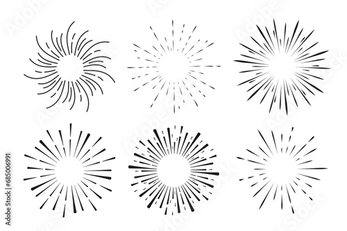 Set Fireworks, rays, sunburst frames circle border decoration, sparkle in doodle style, line sketch explosion isolated on white background. photo