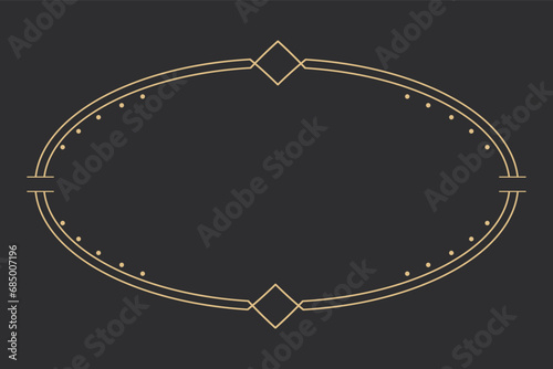 Golden celestial frame, border, oval line art esoteric minimal decoration with sparkles isolated on dark background.