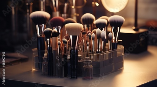 An assortment of makeup brushes and sponges in a beautifully organized display, emphasizing their elegance and craftsmanship. photo