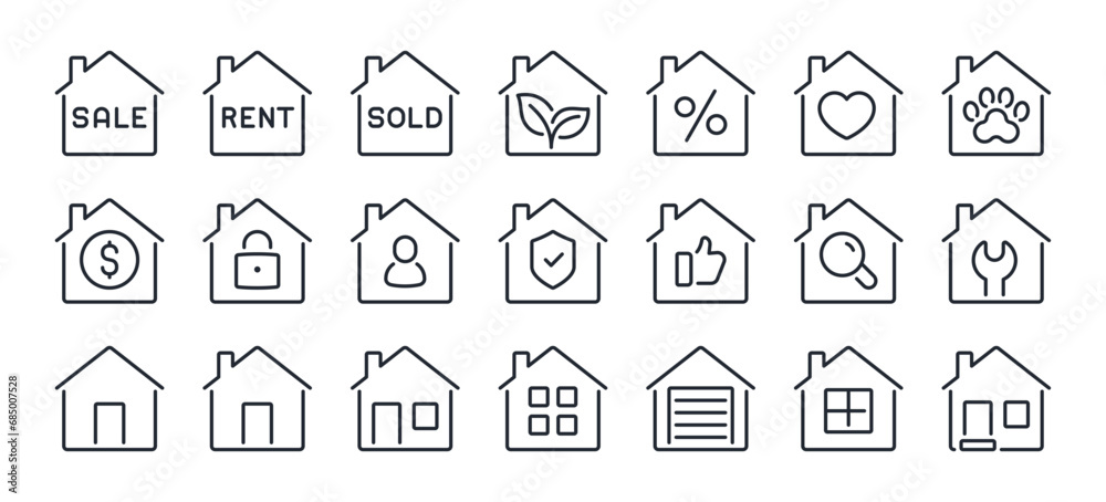 House sale, rent, sold, real estate, shelter, insurance, mortgage editable stroke outline icons set isolated on white background flat vector illustration. Pixel perfect. 64 x 64.