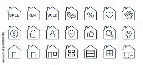 House sale, rent, sold, real estate, shelter, insurance, mortgage editable stroke outline icons set isolated on white background flat vector illustration. Pixel perfect. 64 x 64.