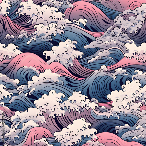 Ocean crashing  wave Japanese style seamless pattern background, AI generated © natcha
