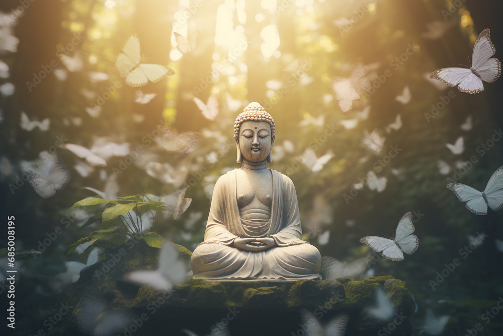 A tranquil Buddha statue amid a forest adorned with graceful white butterflies, embodying spiritual serenity and nature's gentle dance. Ai generated