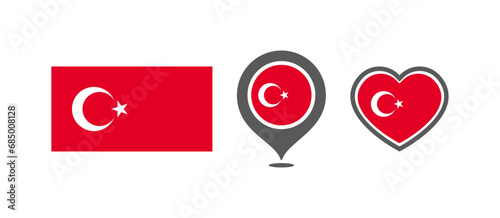 National flag of the Turkey. Flag in the shape of rectangles, location marks, hearts. Turkey national flag for language selection design. Vector icons