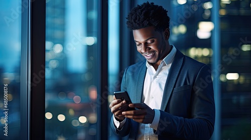 afro american business man in a suit checking his phone photo